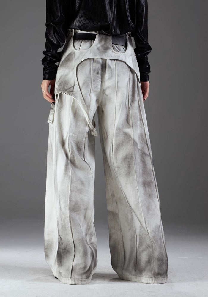 【NOMANIAI 】Grunge waist gimmick cross design washed wide denim pants  NA0002