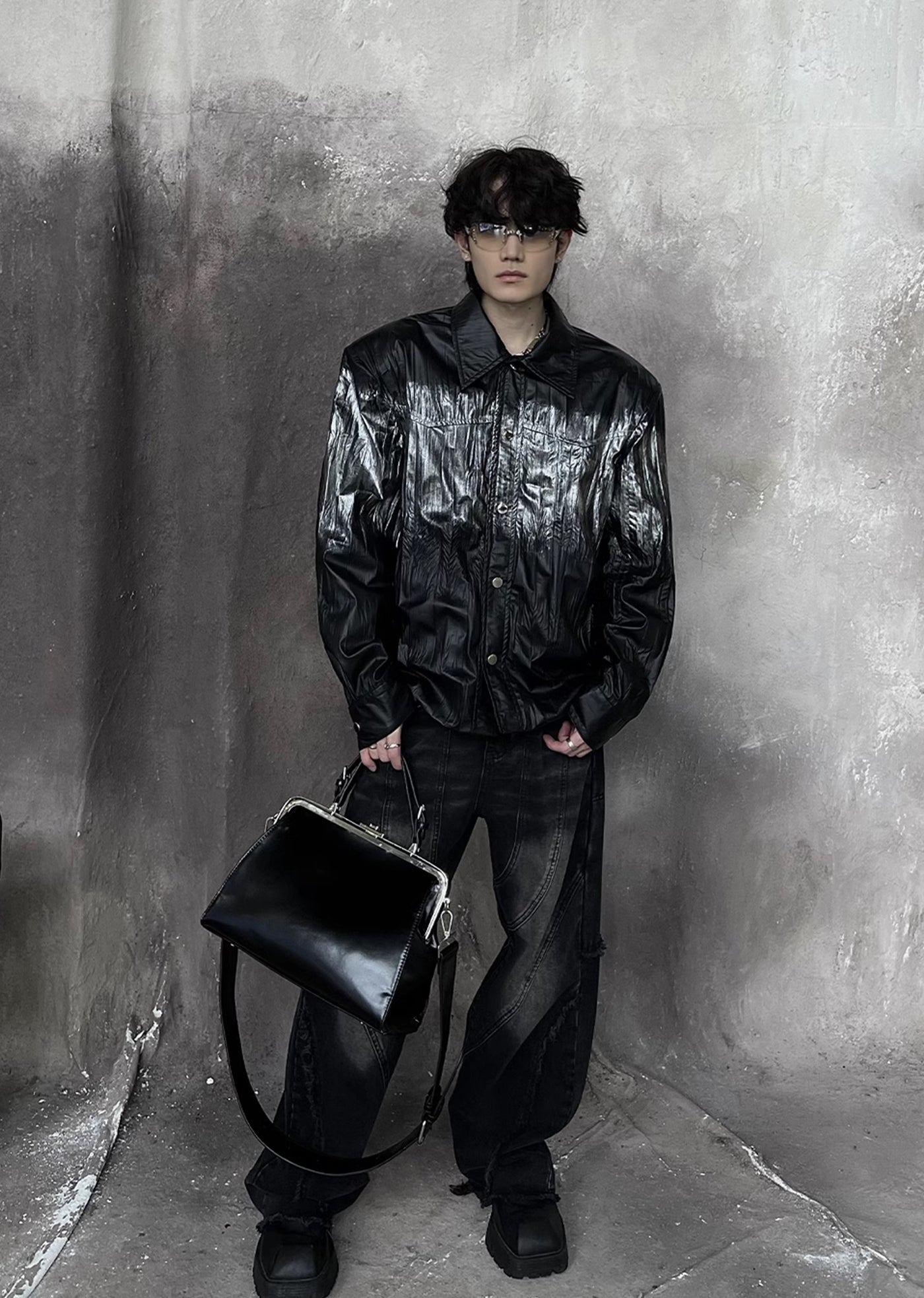 【SOULWORKER】Black glossy design color overload silhouette jacket  SW0024