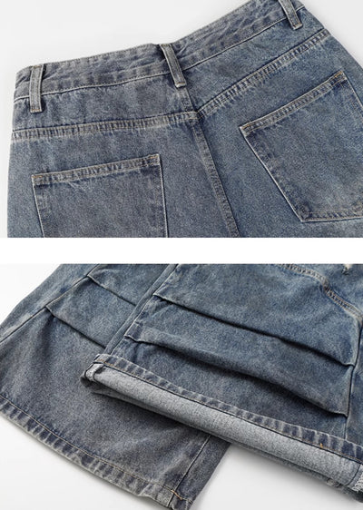 【MAXDSTR】Mid-length distressed dull blue wide denim pants  MD0160