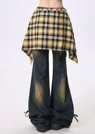 【Rayohopp】Waist check design mid-wash flared silhouette denim pants  RH0124