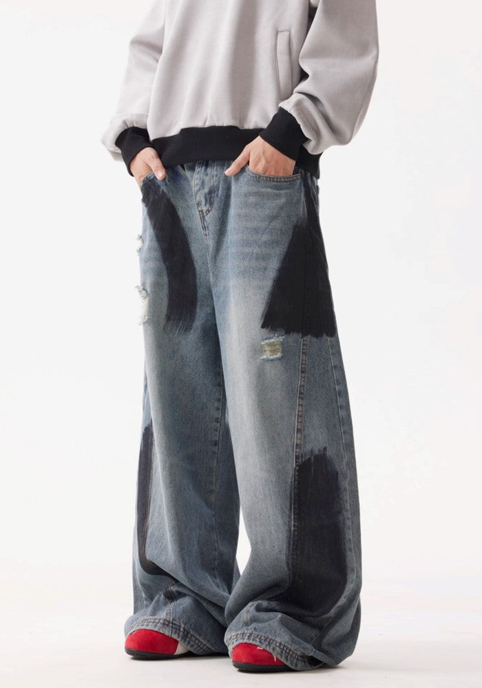 【BTSG】Wide style denim pants with black painted parts  BS0050