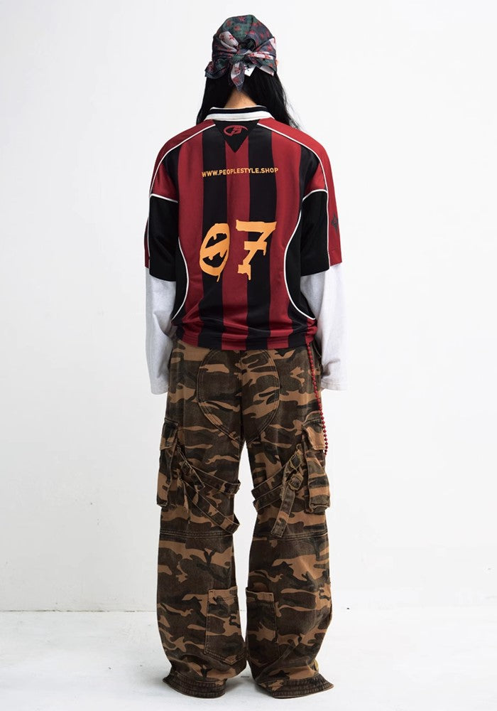 【People Style】Wide silhouette camouflage design dark color cargo pants  PS0044