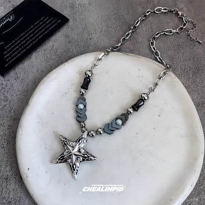 【CHEALIMPID】One-point star design grunge arrangement style necklace  CL0001