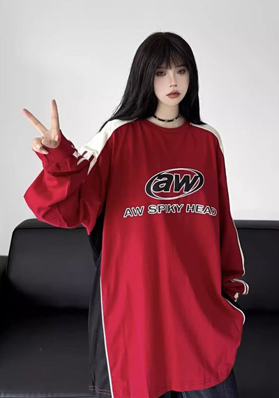 【W3】Bright color double design line initial long sleeve T-shirt  WO0069