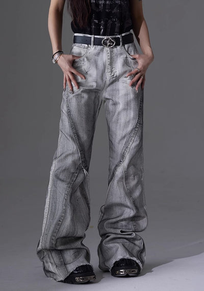 【NOMANIAI 】Tuck design white base color flare straight denim pants  NA0003