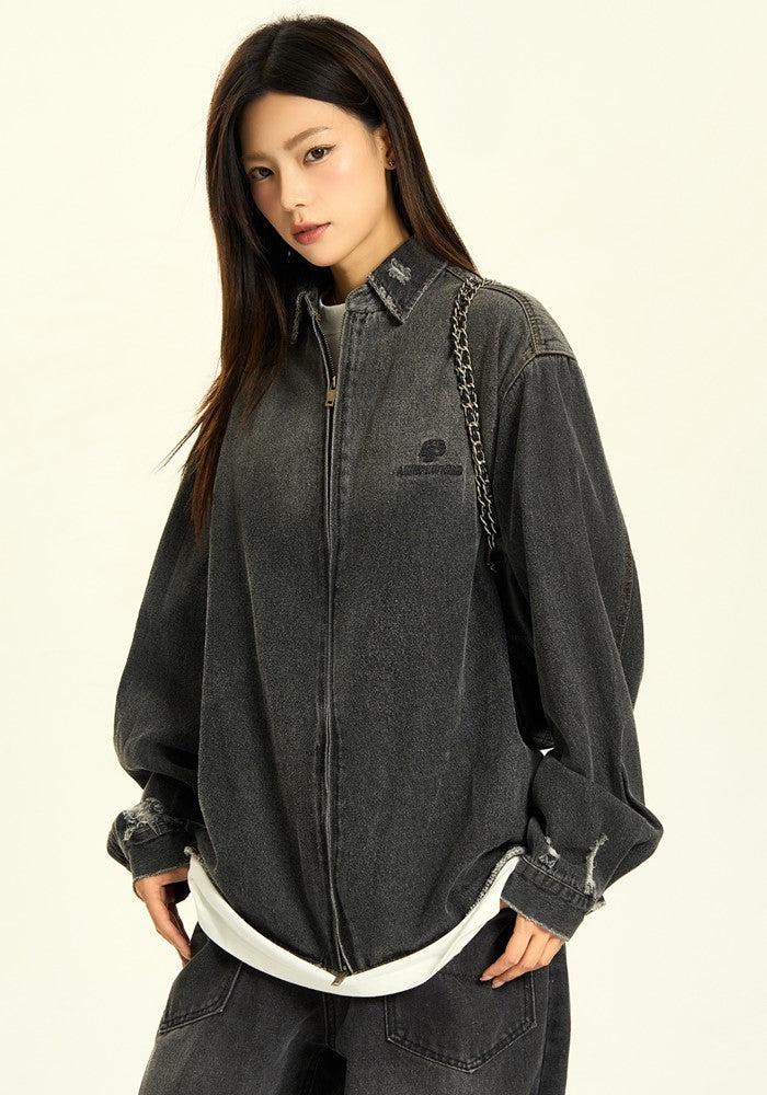 【H GANG X】Gradient black color basic style denim jacket  HX0095