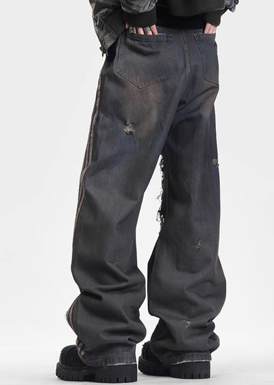 【VINMUK】Frayed and distressed side line design dull denim pants  VM0010