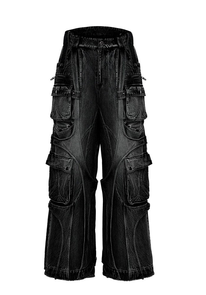 【Culture E】Wide gimmick silhouette mid-wash chain denim cargo pants  CE0155