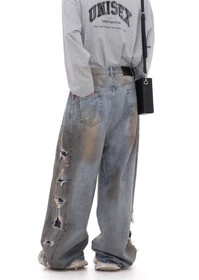 【GIBBYCNA】Grunge style stain design draw damage wide denim pants  GC0017