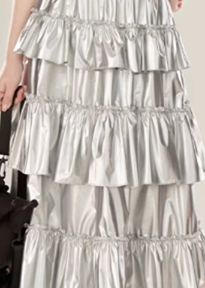 【Eleven shop97】Silver tiered silhouette design glossy skirt  ES0020