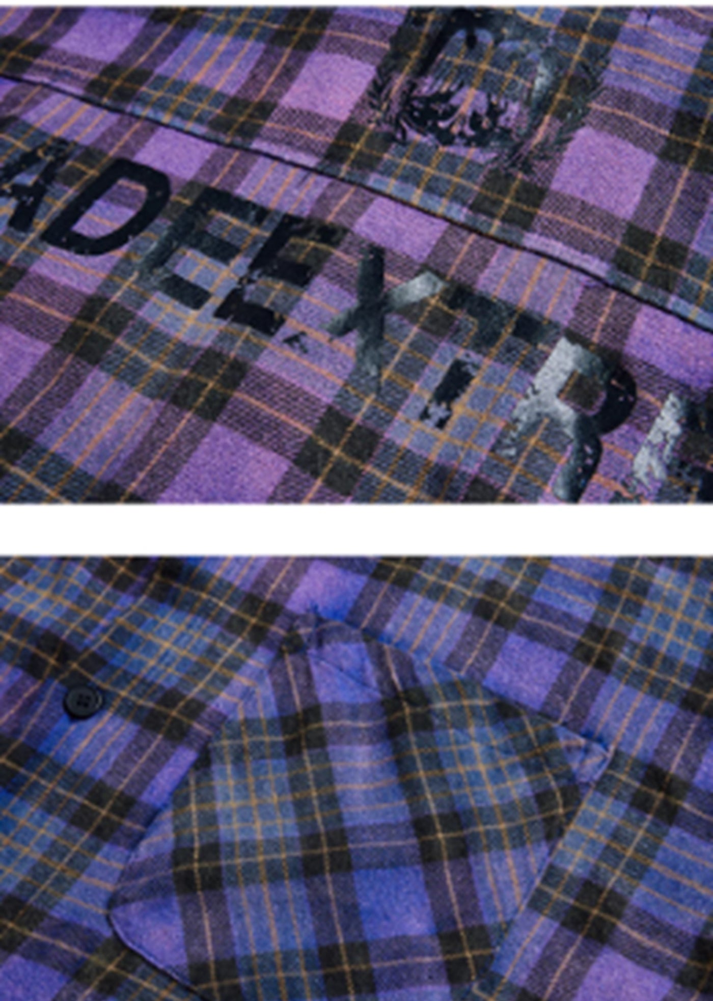 [MAXDSTR] Gradient purple color plaid design distressed short sleeve shirt MD0150