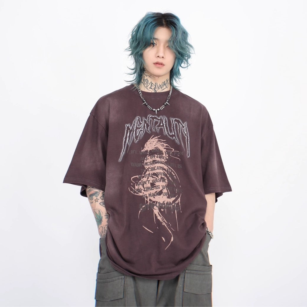 【Mz】Grunge style dull color wash dealer front short sleeve T-shirt  MZ0024
