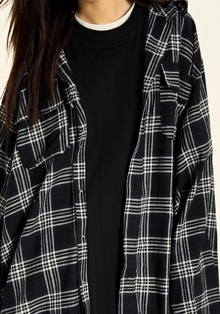 【H GANG X】Basic gray color check pattern design loose long sleeve shirt  HX0094