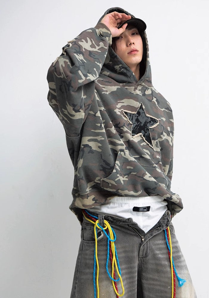 【People Style】Simple balance camouflage pattern color over star hoodie  PS0038