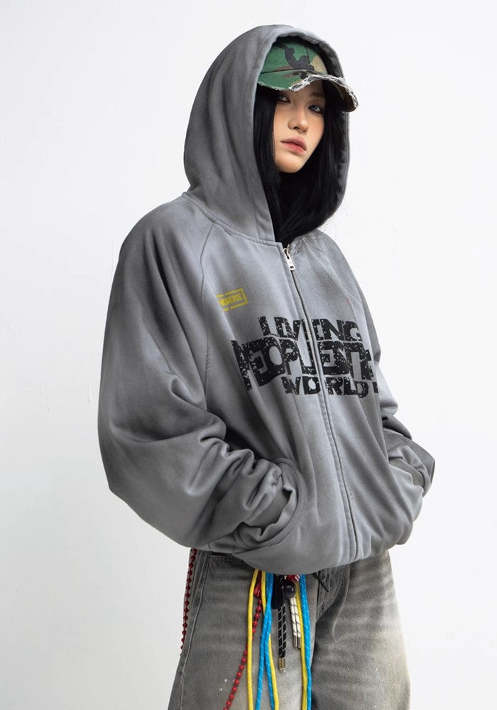 【People Style】Wordler Dull Base Wash Full Zip Initial Hoodie  PS0042