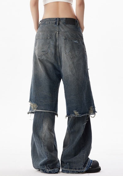 【H GANG X】Mid-length distressed half-docking layered style denim pants  HX0102