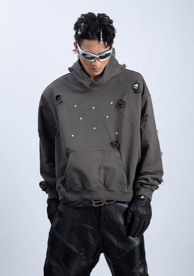 【PLAN1ONE】Front patch design mid-distressed hoodie  PL0041