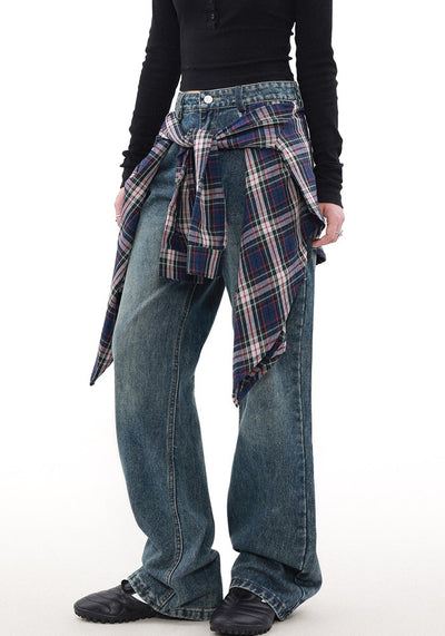 【MR nearly】Check gimmick layered style flare denim pants  MR0139