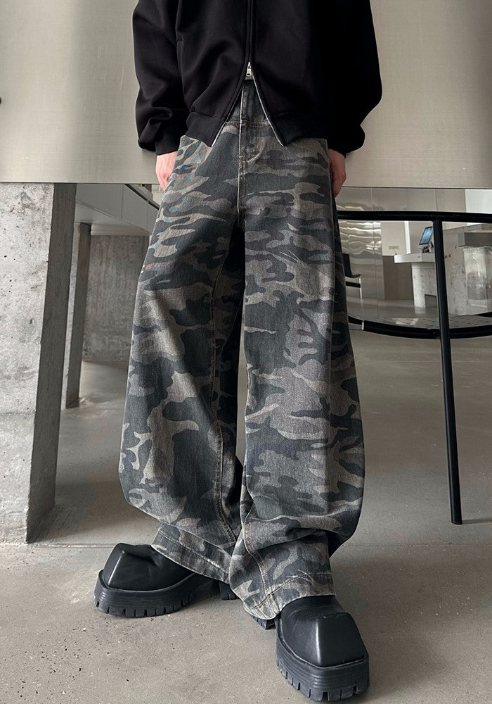 【MARTHENAUT】Dull camouflage base color wide silhouette pants  MH0048