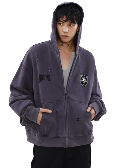 【MR nearly】Dull base color mid-length design damaged full zip hoodie  MR0142