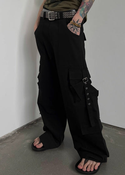 【SOULWORKER】Side suspender design wide style loose cargo pants  SW0029