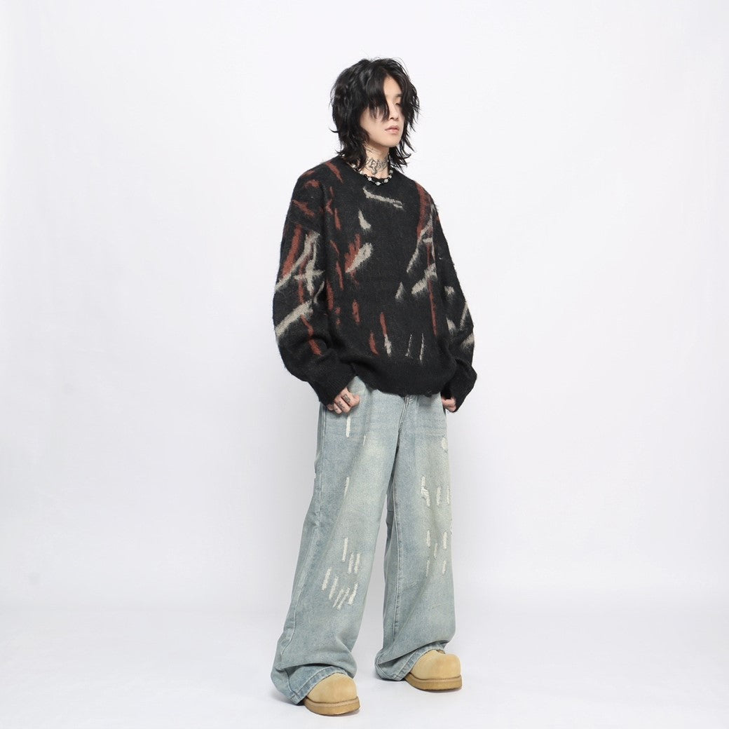 【Mz】Dark multi-color design mohair silhouette knit sweater  MZ0039