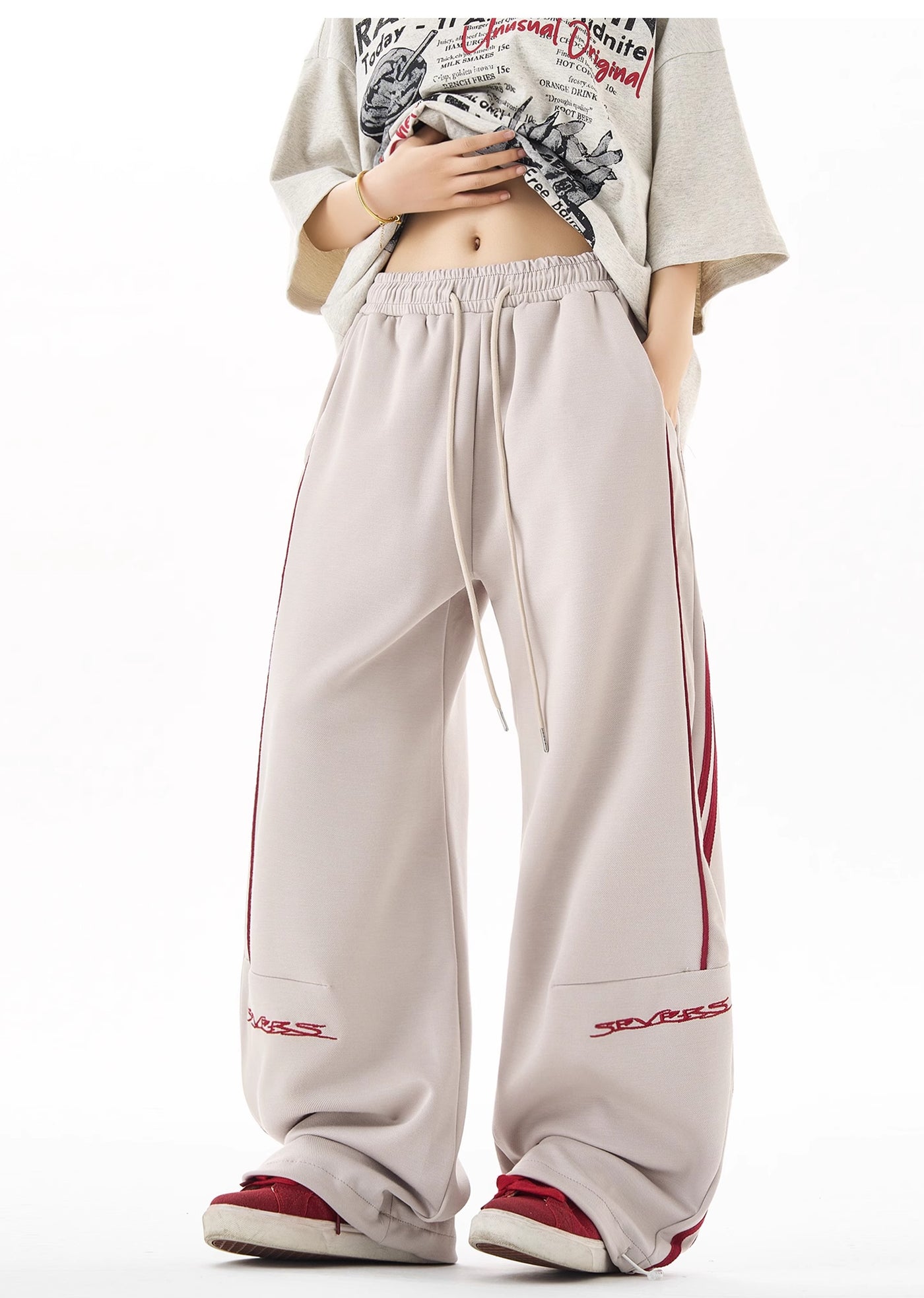 【H GANG X】Side three red color wide silhouette pants  HX0043