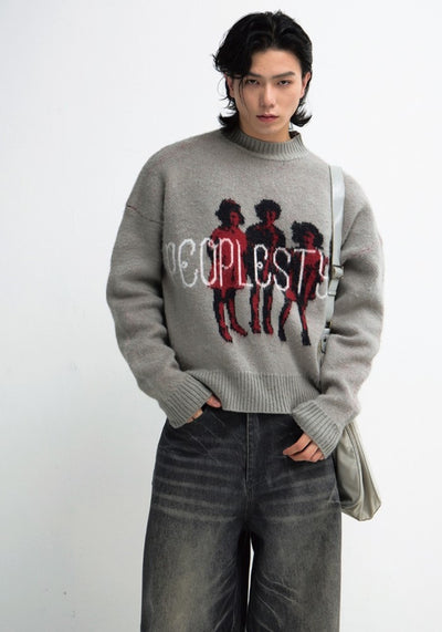 【People Style】Front art design initial logo just knit sweater  PS0048