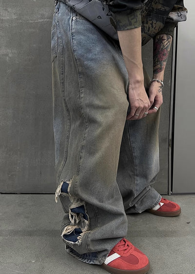 【SOULWORKER】Dull wash finish soil stain color wide denim pants  SW0023