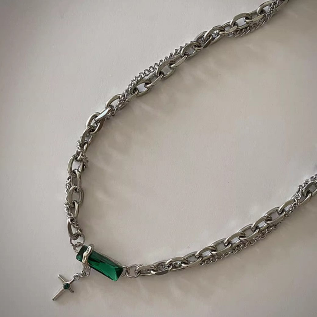 【DARKBOX】Green Jewelry Accent Cross Design Necklace  DB0027