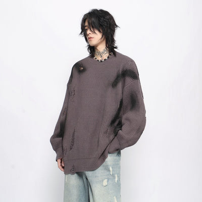 【Mz】Dark dull purple point wash line damage knit sweater  MZ0040