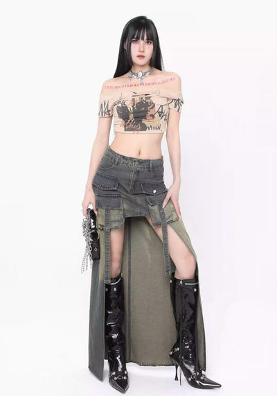 【ROY11】Unique front and back design washed denim skirt  RY0015
