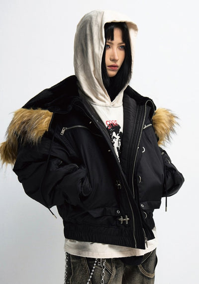 【People Style】Faux fur hood design double gimmick belt type jacket outerwear  PS0051