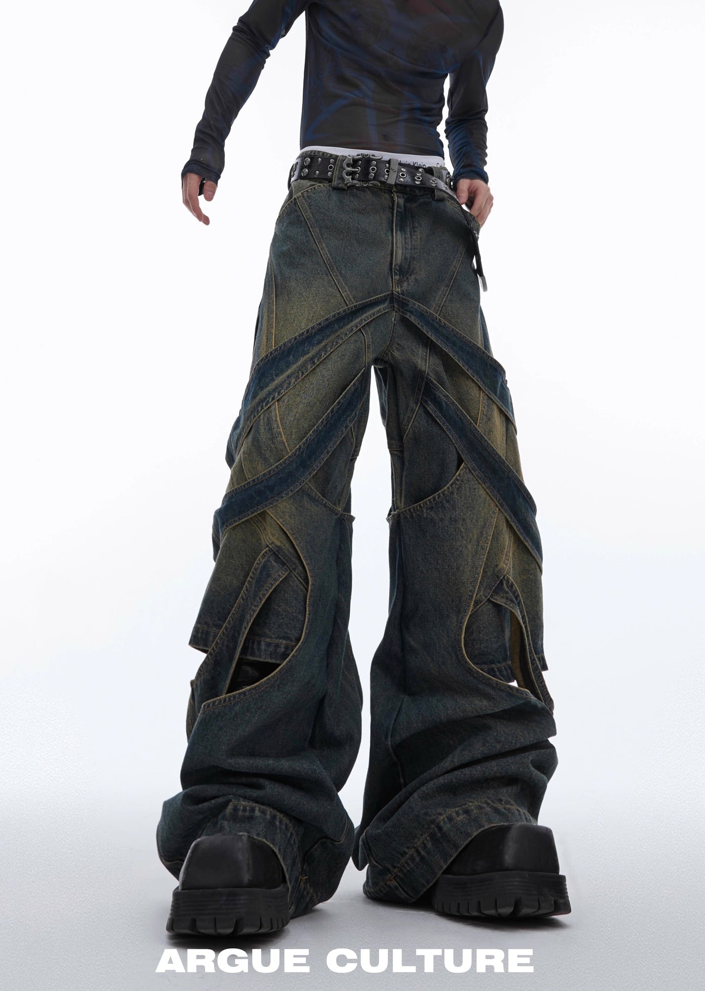 【Culture E】Dull wash cross infinity design denim wide pants  CE0146