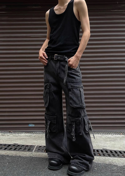 【MAXDSTR】3D multi-cargo design black wide pants  MD0152