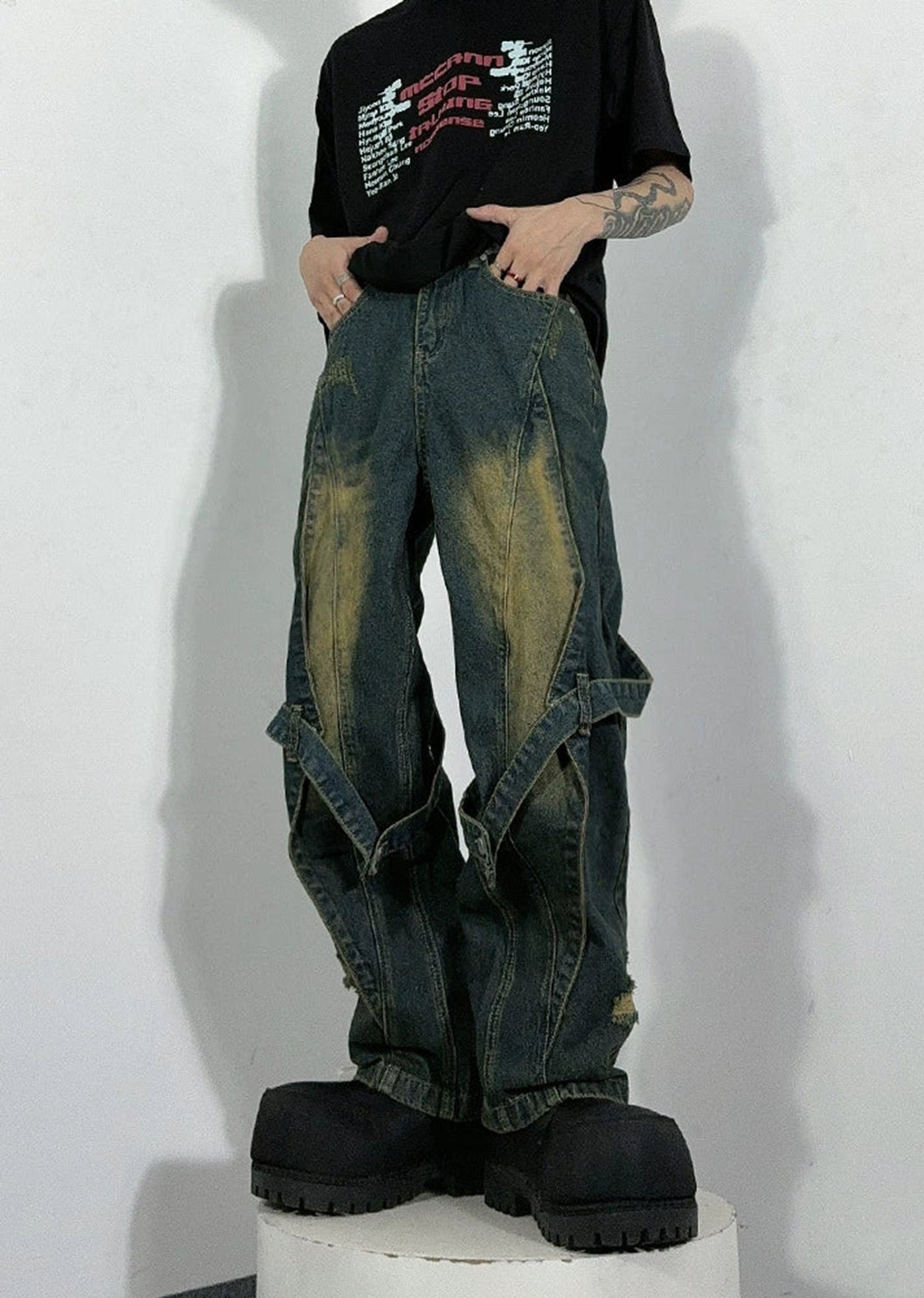 [76street] Dull washed vintage style suspender denim pants ST0008