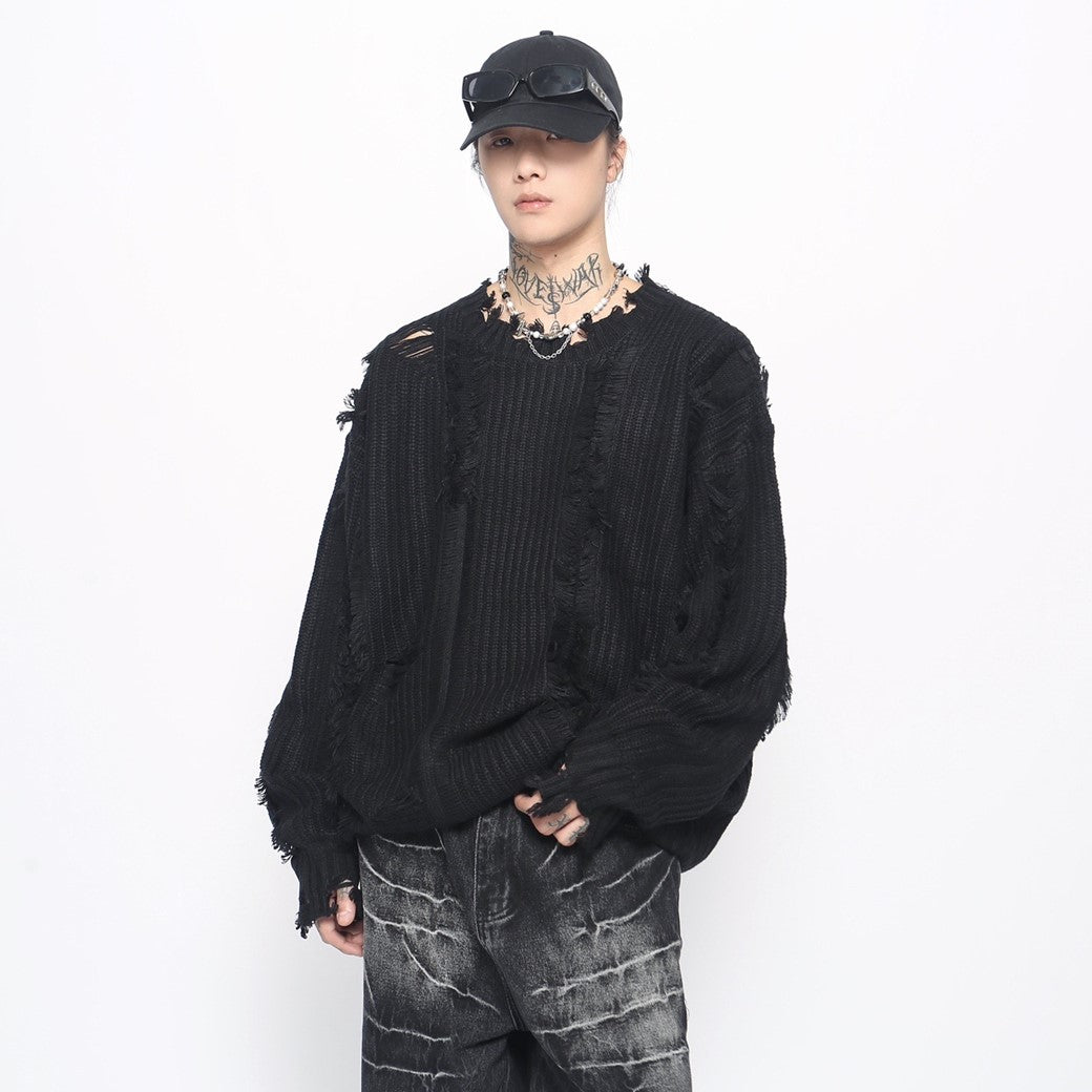 【Mz】Middle Random Distressed Simple Color Knit Sweater  MZ0051