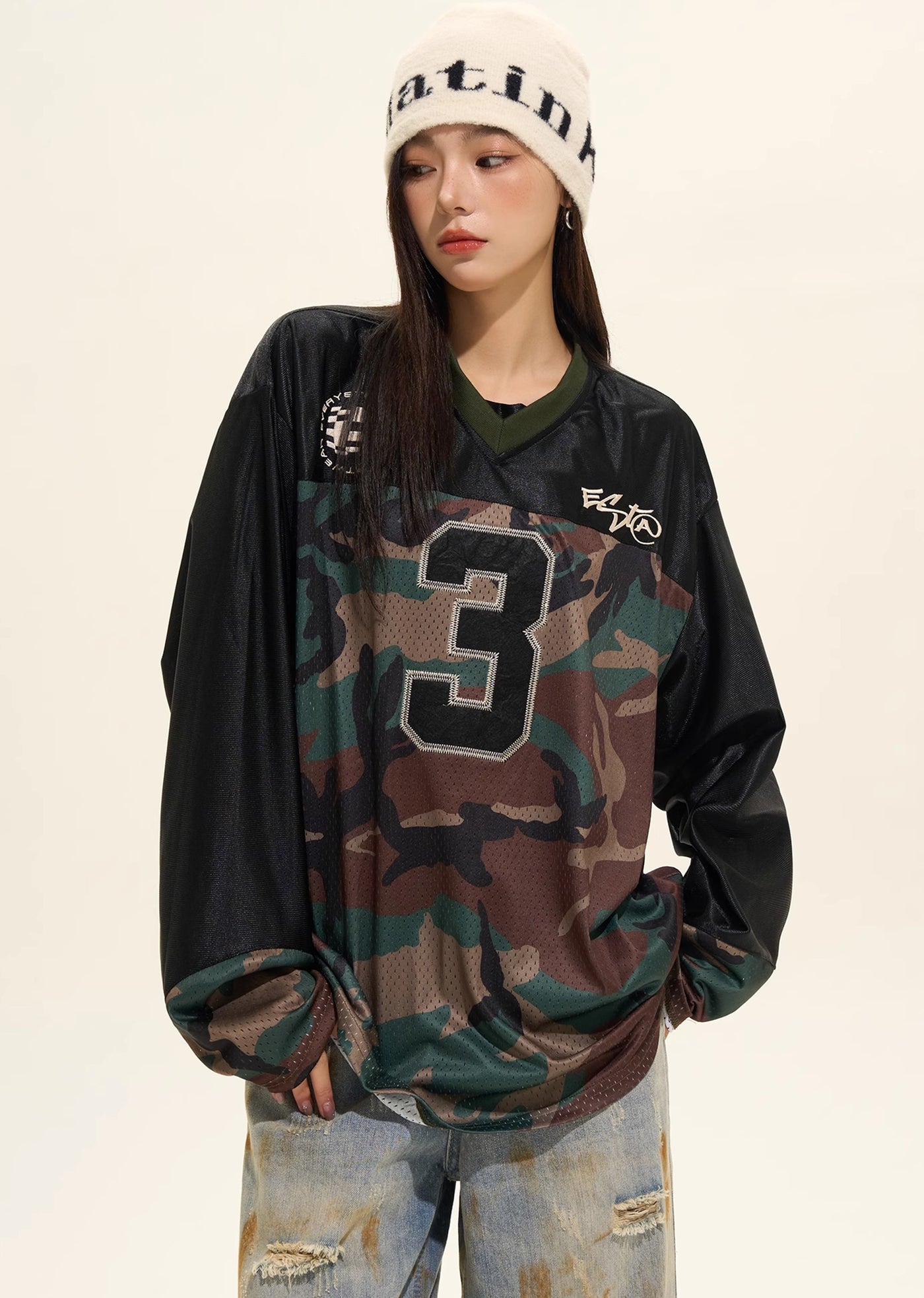 【H GANG X】Front number initial camouflage bicolor design long sleeve T-shirt  HX0078