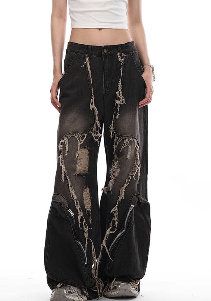 【VINMUK】Line damage full design dull black denim wide pants  VM0001