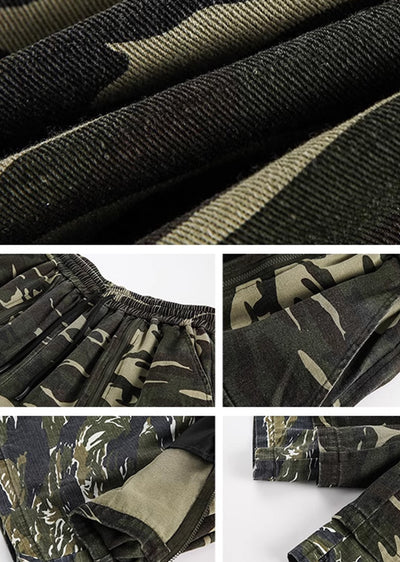 【BLACK BB】Unique full zip design camouflage pattern half silhouette pants  BK0040