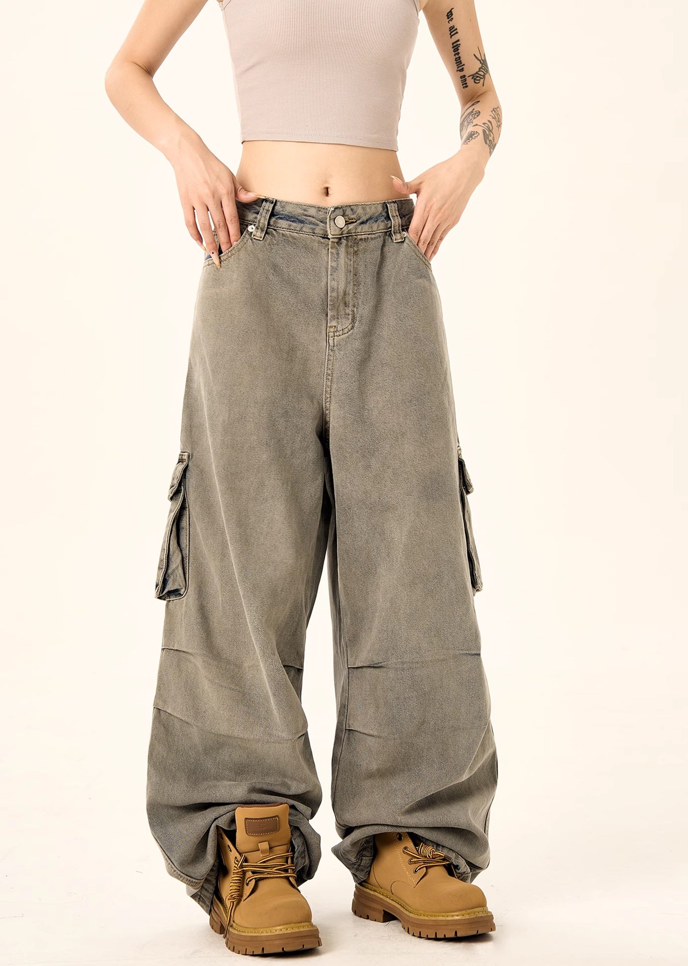 【H GANG X】Basic color design simple cargo denim pants  HX0073