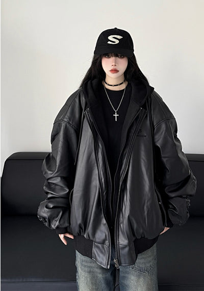 【W3】Hoodie plus faux leather style black jacket  WO0080