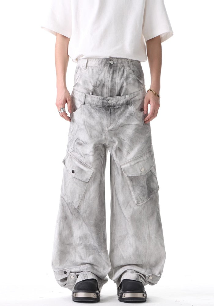 H GANG X】Double waist white balance color wide denim pants