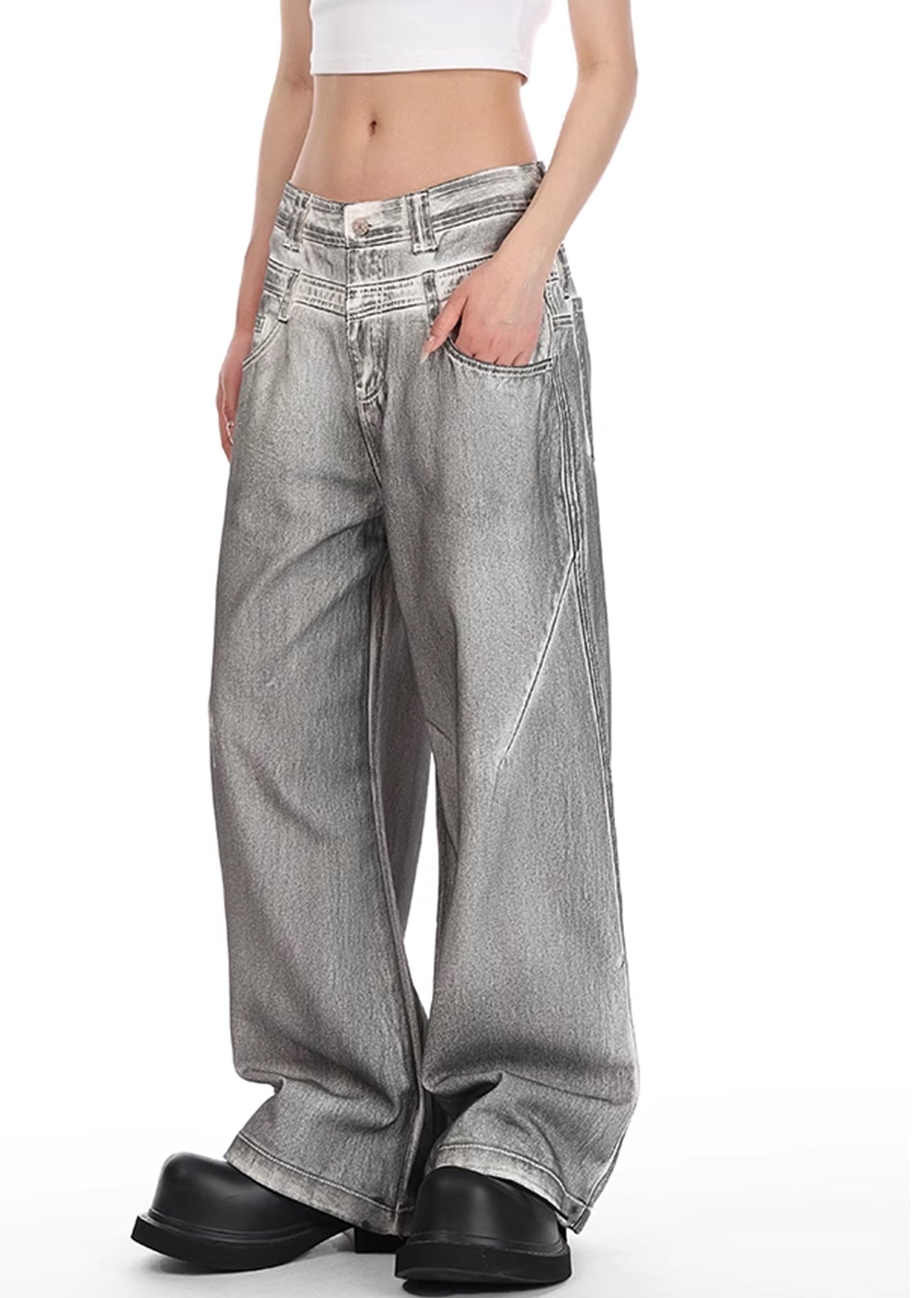 【VINMUK】White gray wide flare silhouette double waist denim pants  VM0009