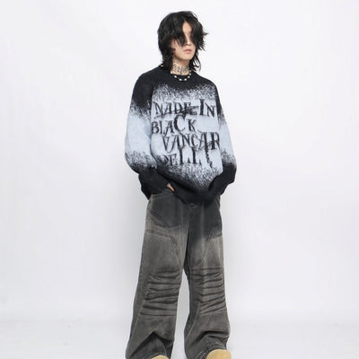 【Mz】Distorted Initial Front Design Blue Black Knit Sweater  MZ0042