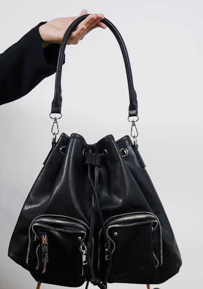 【PRT】Backpack-style drawstring design black bag  PT0006