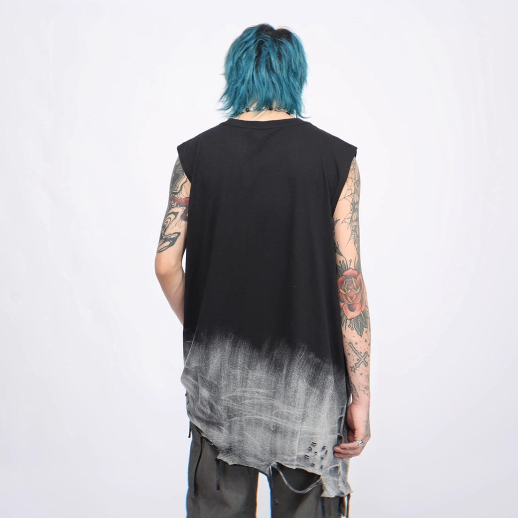 【Mz】Lower part washed design middle distressed sleeveless T-shirt  MZ0022