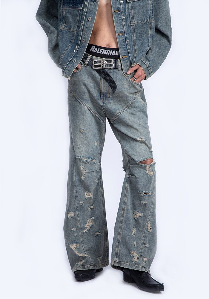 【PLAN1ONE】Grunge scattered distressed vintage style flared denim pants  PL0043