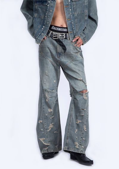 【PLAN1ONE】Grunge scattered distressed vintage style flared denim pants  PL0043