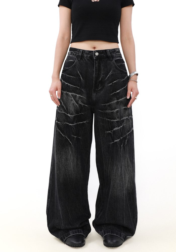 【MR nearly】Cracked distressed wash black wide denim pants  MR0146